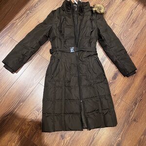 Kensie Long Brown Quilted Puffer Coat with Belt